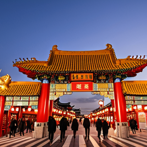 Home 11 **Prompt:** A majestic, vibrant red Paeru Gate, the main entrance to Incheon Chinatown, adorned with intricate golden dragon motifs and Chinese characters. The gate stands prominently under a warm evening sky, with its grand architecture symbolizing the cultural harmony between Korea and China. People are seen in the foreground, admiring and taking photos, reflecting the lively atmosphere.
