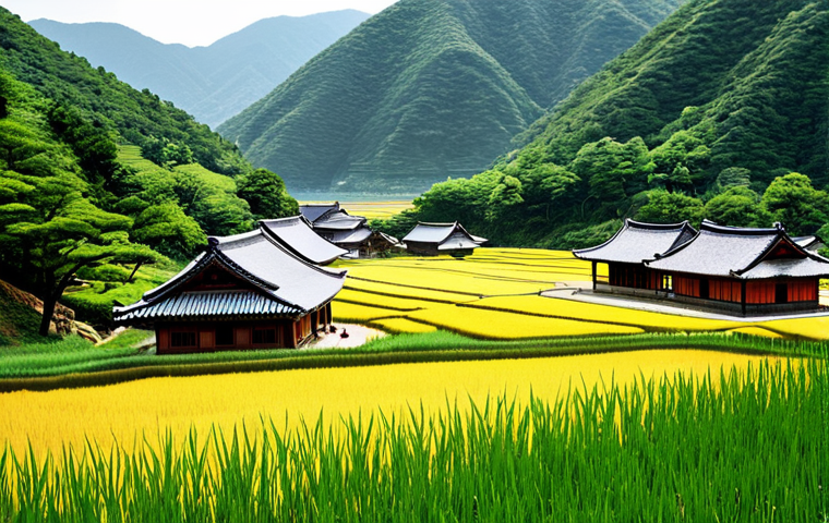 A serene panoramic view of Hahoe Village, showcasing traditional Korean Hanok houses with a mix of 'giwa' tiled roofs and 'choga' thatched roofs, gracefully nestled along the horseshoe bend of the Nakdong River. Lush green mountains and golden rice fields surround the village under the soft, gentle light of a peaceful morning. The scene emphasizes the harmony between nature and traditional architecture, with historical preservation visible throughout. Perfect anatomy, correct proportions, natural pose, well-formed hands (for any incidental figures, though focus is landscape), proper finger count, natural body proportions. Professional photography, high quality, safe for work, appropriate content, fully clothed (for any implied distant figures), modest, family-friendly.