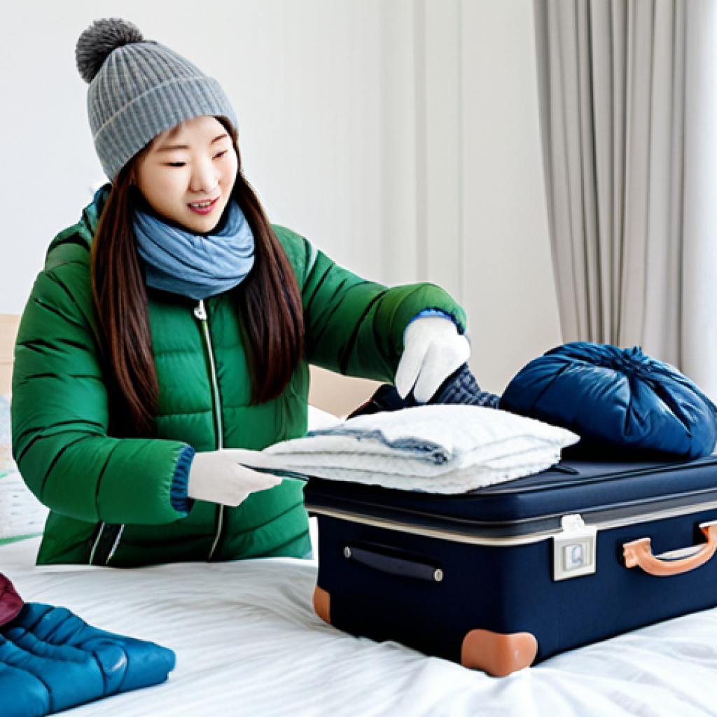 Preparing for a Korean Winter Trip**

A young woman packing a suitcase with warm winter clothes: a thick down jacket, woolen socks, gloves, a hat, and a scarf. The suitcase is on a bed in a bright, clean room. In the background, a travel guide to Korea and a map are visible. safe for work, appropriate content, fully clothed, modest clothing, professional photography, high quality, perfect anatomy, natural proportions.

**