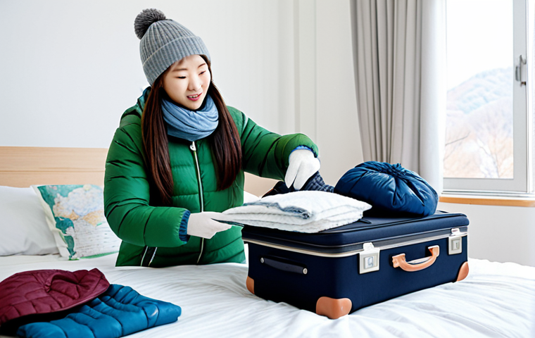 Preparing for a Korean Winter Trip**
A young woman packing a suitcase with warm winter clothes: a thick down jacket, woolen socks, gloves, a hat, and a scarf. The suitcase is on a bed in a bright, clean room. In the background, a travel guide to Korea and a map are visible. safe for work, appropriate content, fully clothed, modest clothing, professional photography, high quality, perfect anatomy, natural proportions.
**