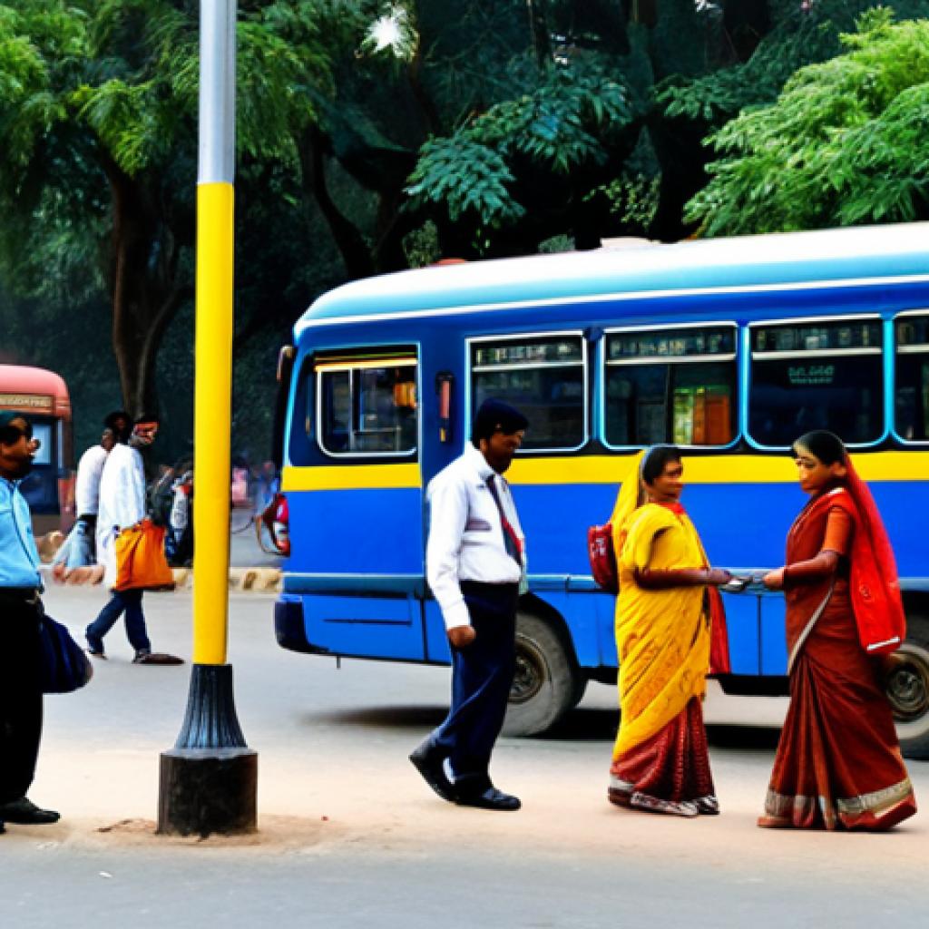 대중교통 사용법 - Bustling Bus Stop**

"A vibrant scene at a busy bus stop in Delhi, India. People from all walks of l...