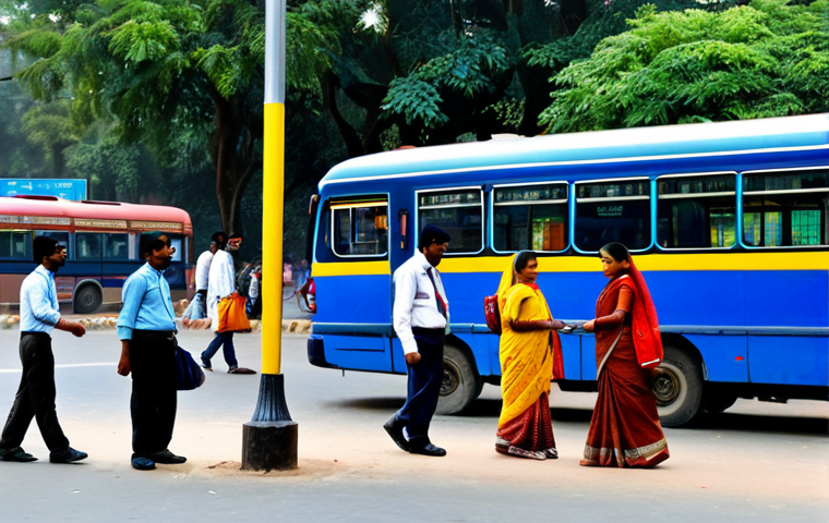 대중교통 사용법 - Bustling Bus Stop**
"A vibrant scene at a busy bus stop in Delhi, India. People from all walks of l...