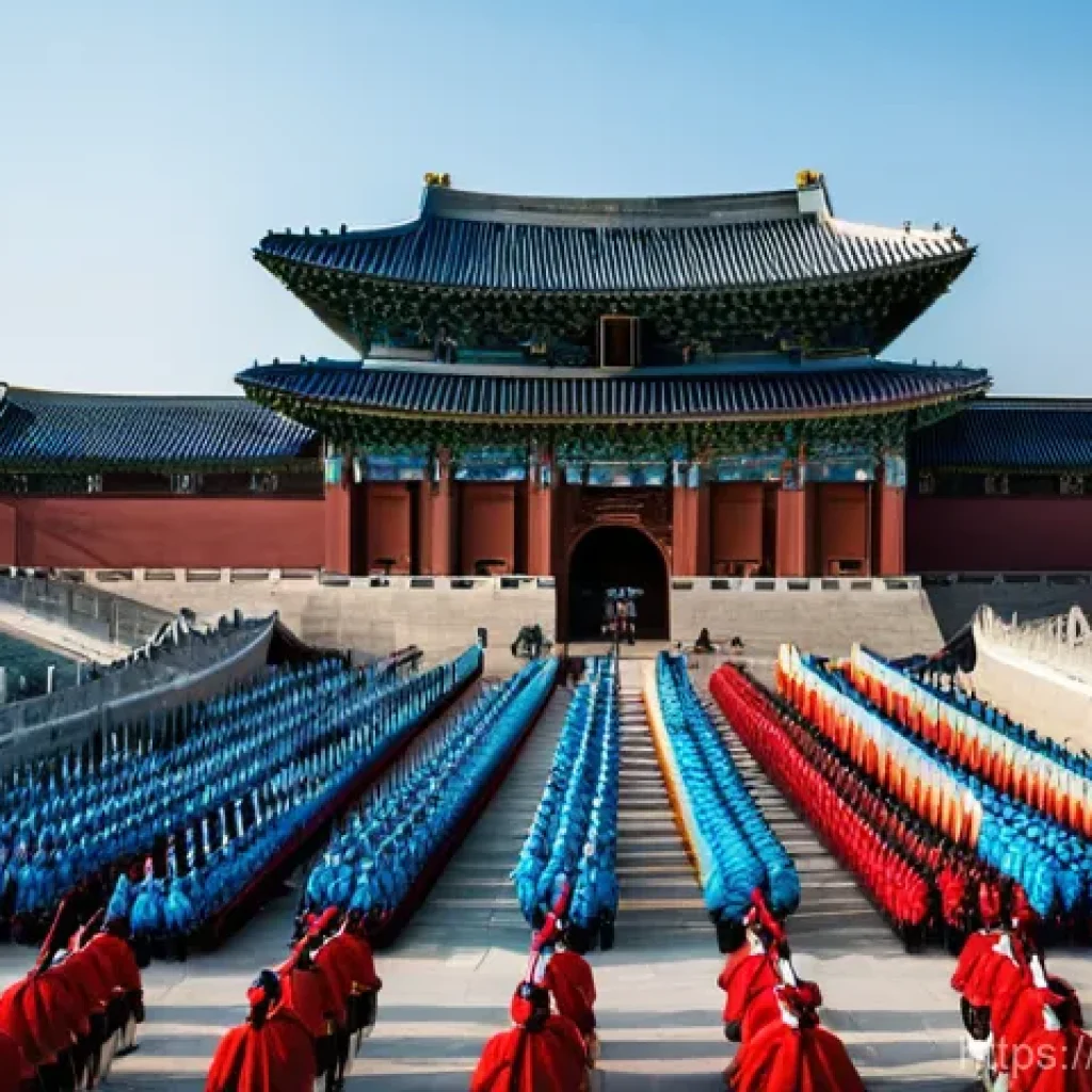 서울 경복궁 가이드 - **Prompt:** "A vibrant scene of the Royal Guard Changing Ceremony at Gwanghwamun Gate in Gyeongbokgu...