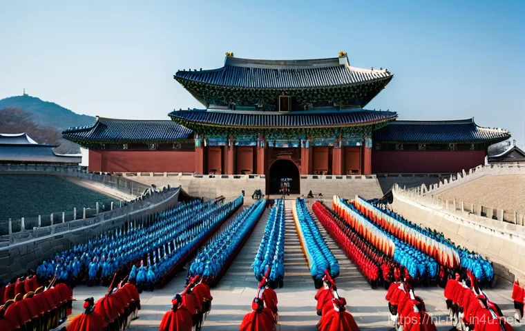 서울 경복궁 가이드 - **Prompt:** "A vibrant scene of the Royal Guard Changing Ceremony at Gwanghwamun Gate in Gyeongbokgu...