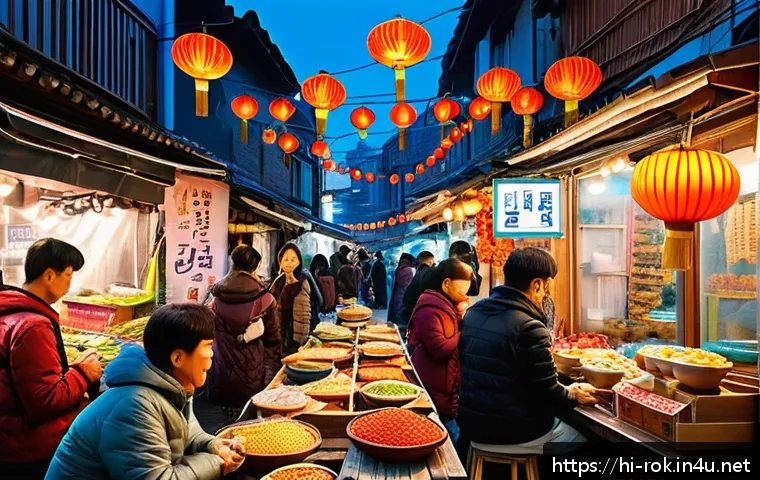대한민국 방문 팁 - A vibrant street scene in a Korean city blending traditional and modern elements: bustling local mar...
