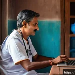 Home 21 코로나19 초기 대응 - A detailed digital healthcare scene showing an Indian rural telemedicine consultation: a middle-aged...