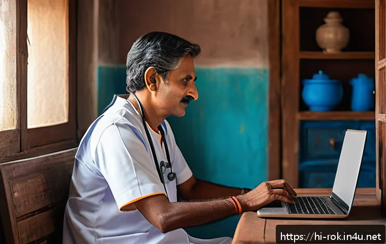 코로나19 초기 대응 - A detailed digital healthcare scene showing an Indian rural telemedicine consultation: a middle-aged...